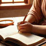 **A serene individual writing in a journal, bathed in soft light, symbolizing inner peace and reflection. Focus on warm colors and a sense of tranquility.**