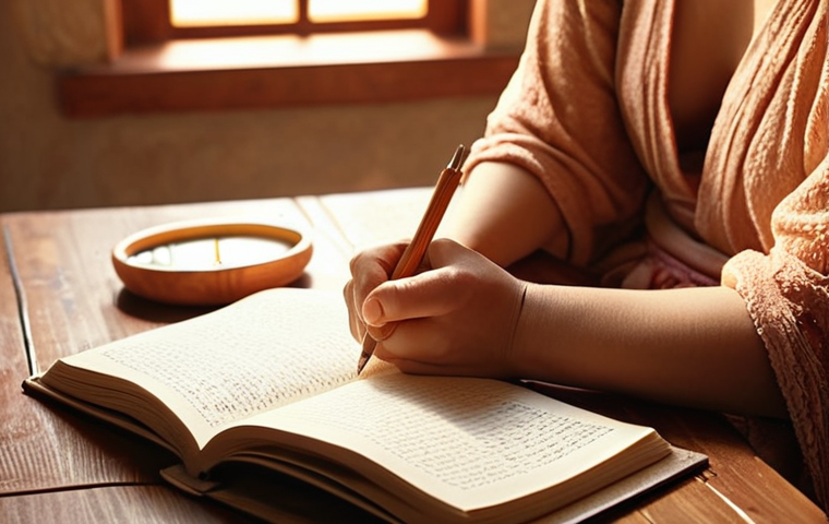 **A serene individual writing in a journal, bathed in soft light, symbolizing inner peace and reflection. Focus on warm colors and a sense of tranquility.**