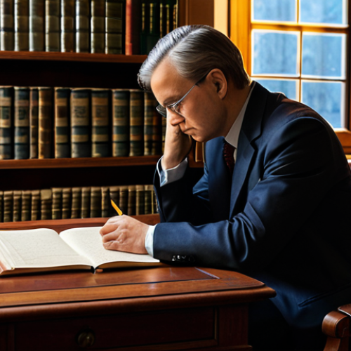 A contemplative individual in professional, modest clothing, sitting at a classic wooden desk, engrossed in writing in a leather-bound journal. The background is a warm, well-organized personal study with bookshelves and soft, ambient lighting from a nearby window. On the desk, there are subtly arranged papers that suggest a timeline of life events, emphasizing deep introspection and the process of self-reflection. Fully clothed, appropriate attire, safe for work, perfect anatomy, correct proportions, natural pose, professional dress, well-formed hands, proper finger count, natural body proportions, high-quality photography, family-friendly.