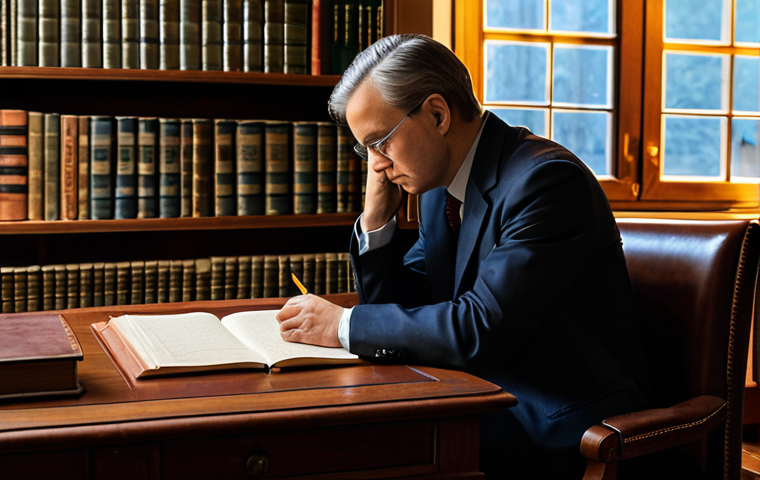 A contemplative individual in professional, modest clothing, sitting at a classic wooden desk, engrossed in writing in a leather-bound journal. The background is a warm, well-organized personal study with bookshelves and soft, ambient lighting from a nearby window. On the desk, there are subtly arranged papers that suggest a timeline of life events, emphasizing deep introspection and the process of self-reflection. Fully clothed, appropriate attire, safe for work, perfect anatomy, correct proportions, natural pose, professional dress, well-formed hands, proper finger count, natural body proportions, high-quality photography, family-friendly.