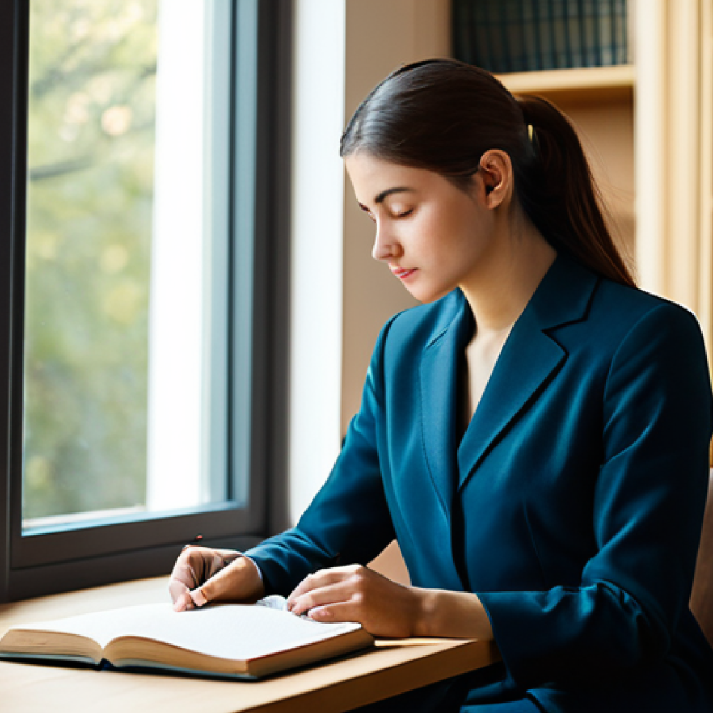 A serene individual, fully clothed in modest, professional attire, sitting comfortably at a minimalist desk in a well-lit study. The person is in a natural, thoughtful pose, gently holding a journal, with their eyes focused inward as if reflecting on memories. The background features soft, blurred bookshelves and a large window with natural light filtering in. Subtle, abstract light patterns and flowing lines subtly weave around them, symbolizing the reconstruction of narratives and the flow of personal stories. Soft, warm, contemplative lighting. Professional, clean photography style with a focus on depth and emotion. High-resolution, perfect anatomy, correct proportions, natural body proportions, well-formed hands, proper finger count, natural pose, professional photography, appropriate content, safe for work, fully clothed, modest clothing.