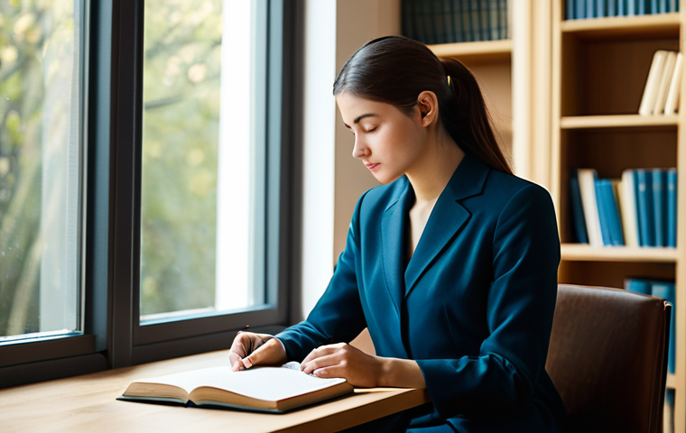 A serene individual, fully clothed in modest, professional attire, sitting comfortably at a minimalist desk in a well-lit study. The person is in a natural, thoughtful pose, gently holding a journal, with their eyes focused inward as if reflecting on memories. The background features soft, blurred bookshelves and a large window with natural light filtering in. Subtle, abstract light patterns and flowing lines subtly weave around them, symbolizing the reconstruction of narratives and the flow of personal stories. Soft, warm, contemplative lighting. Professional, clean photography style with a focus on depth and emotion. High-resolution, perfect anatomy, correct proportions, natural body proportions, well-formed hands, proper finger count, natural pose, professional photography, appropriate content, safe for work, fully clothed, modest clothing.