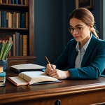 **

"A woman in a modest, professional outfit, sitting at a desk in a cozy study filled with books, writing in a journal. Soft, natural lighting. Safe for work, appropriate content, fully clothed, perfect anatomy, natural proportions, family-friendly, professional."

**