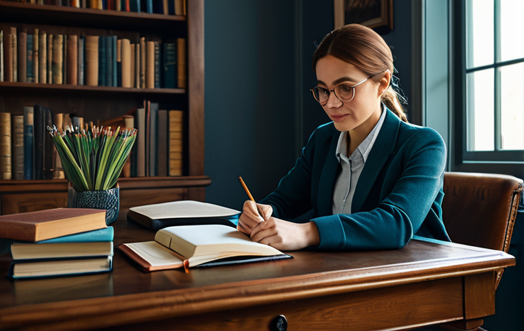 **

"A woman in a modest, professional outfit, sitting at a desk in a cozy study filled with books, writing in a journal. Soft, natural lighting. Safe for work, appropriate content, fully clothed, perfect anatomy, natural proportions, family-friendly, professional."

**
