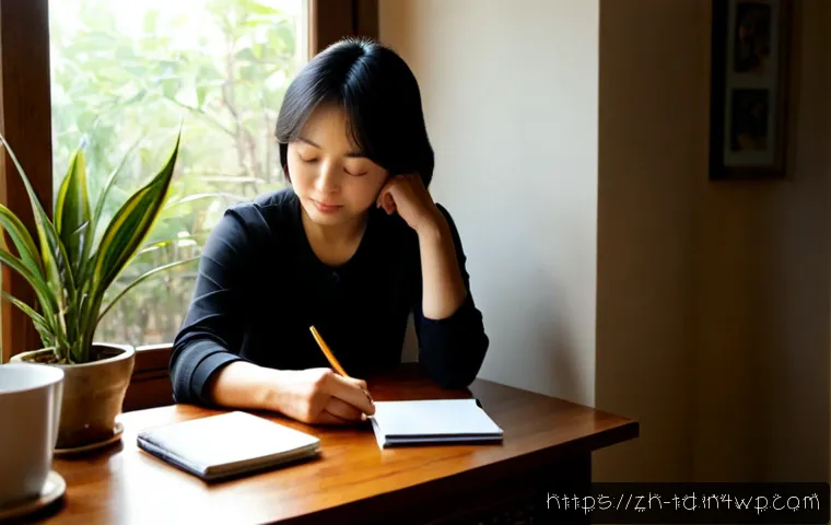 자서전적 치료법과 회복의 심리적 메커니즘 - Photorealistic therapeutic self-reflection scene, a middle-aged Asian woman seated at a warm wooden ...