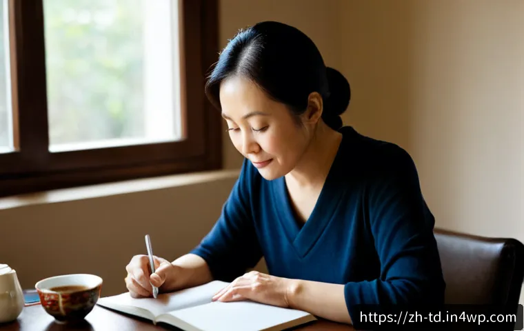 자서전적 치료법의 자기 조절 기술 - Photorealistic middle-aged East Asian woman practicing autobiographical self-regulation at a tidy ho...